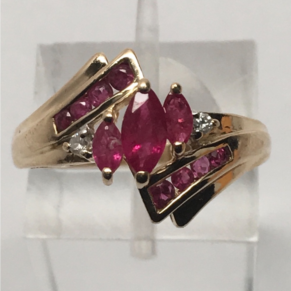 14K Yellow Gold Marquise and Round Shape Ruby and Diamond Accent Ring Size 6.5